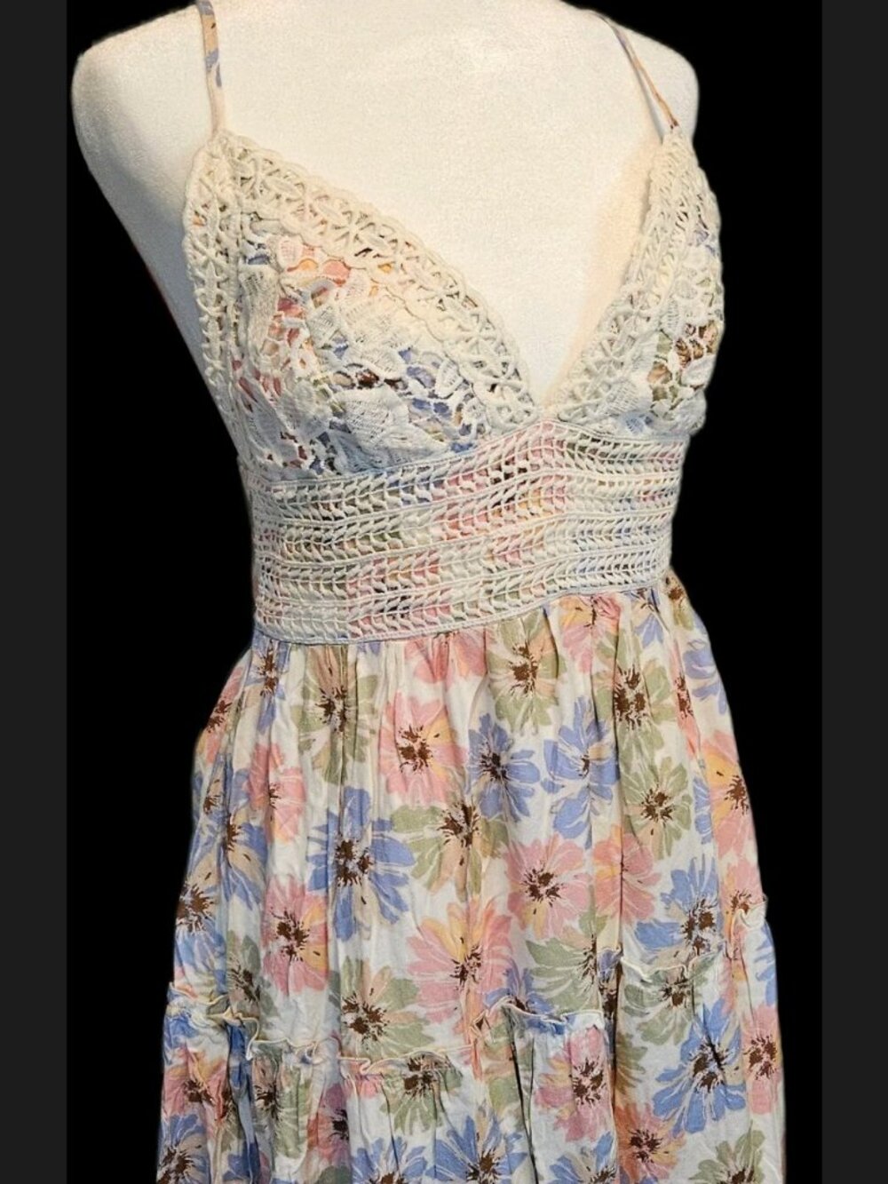 Ila Dusty Coral Blue Floral Crochet Bodice Tie Back Dress NWT Size M